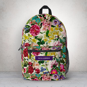 Vintage Pink Floral Beige Monogram Pattern Printed Backpack