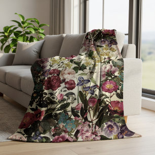 Vintage pink floral beige pattern fleece blanket