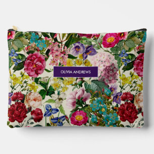 Vintage pink floral beige pattern monogram accessory pouch