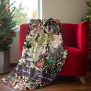 Vintage pink floral beige pattern monogram fleece blanket