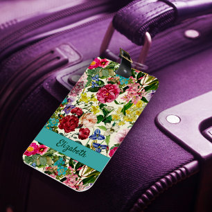 Vintage pink floral beige pattern monogram luggage tag