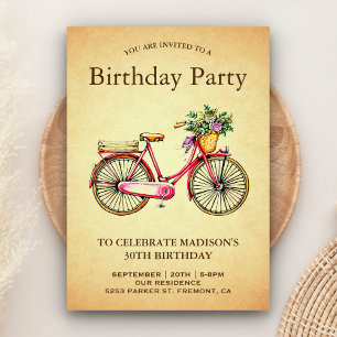 Vintage Pink Floral Bicycle Birthday Party Invitation