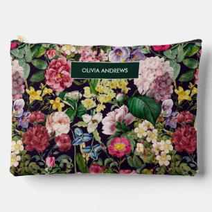 Vintage pink floral black pattern monogram accessory pouch