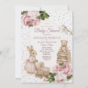 Vintage Pink Floral Bunny Teddy Bear Baby Shower Invitation