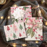 Vintage Pink Floral Christmas Wrapping Paper Sheet<br><div class="desc">Make the holidays unique and magical with this festive vintage pink Christmas wrapping paper set  that features charming floral prints,  highlighted with greenery and red berries that coordinates beautifully together and compliments the festive red,  green and pink Christmas trees.</div>
