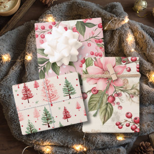 Vintage Pink Floral Christmas Wrapping Paper Sheet