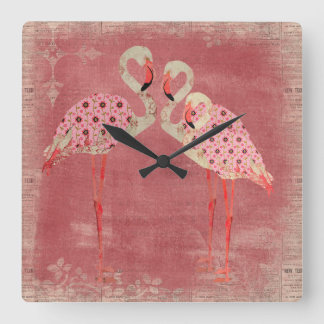 Vintage Pink Floral Flamingos Clock