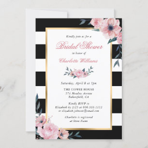 Vintage Pink Floral Gold Black Bridal Shower Invitation