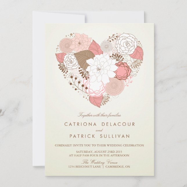 VINTAGE PINK FLORAL HEART WEDDING INVITATION (Front)