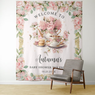 Vintage Pink Floral High Tea Baby Bridal Shower Tapestry