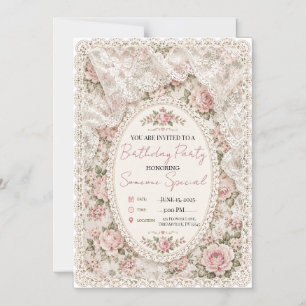 Vintage Pink Floral Lace Birthday Invitation