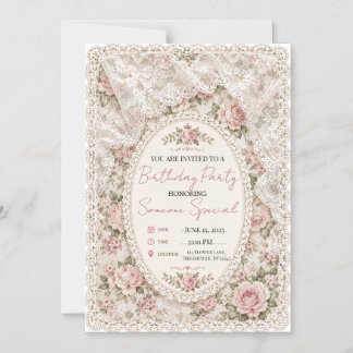 Vintage Pink Floral Lace Birthday Invitation