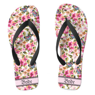Vintage Pink Floral Pattern Wedding Bride Jandals