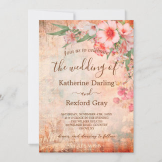 Vintage Pink Floral QR Code Wedding Invitation 