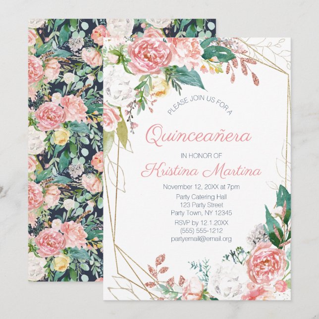 Vintage Pink Floral Quinceañera Birthday Invitation (Front/Back)