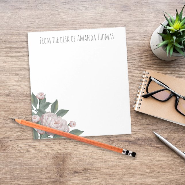 Vintage Pink Floral Rose Modern Simple  Notepad (Elegant personalized desk stationery with vintage blush roses and custom name header.)