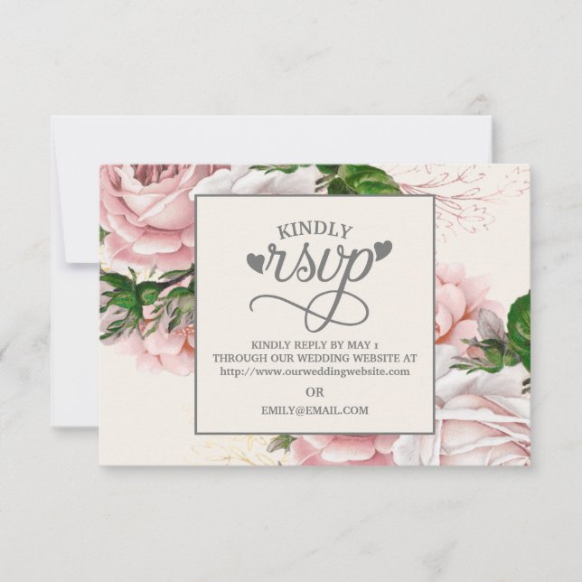 Vintage Pink Floral Roses Cream Wedding RSVP (Front)