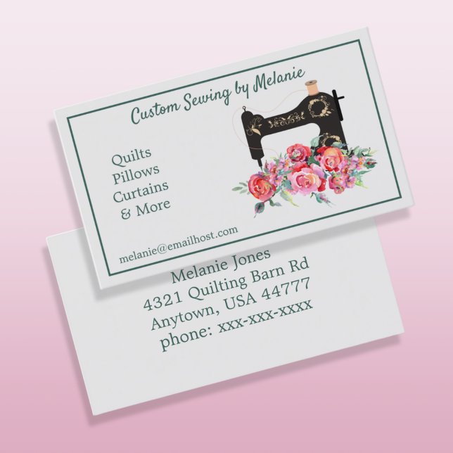 Vintage Pink Floral Sewing Machine Business Card (Creator Uploaded)