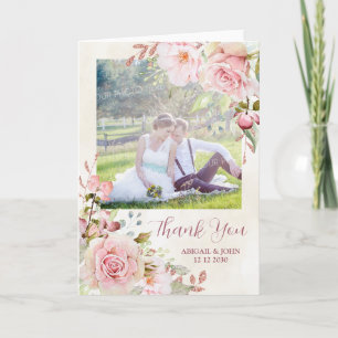 vintage Pink Floral Spring Wedding Thank You Photo Card