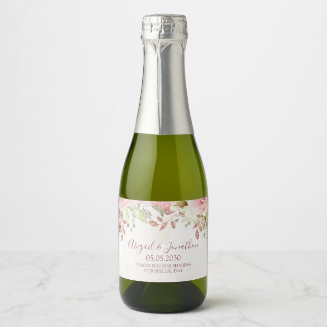 Vintage Pink Floral Spring Wedding Wine Label (Front)