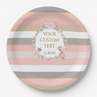 Vintage Pink Floral Striped Baby Shower Paper Plate