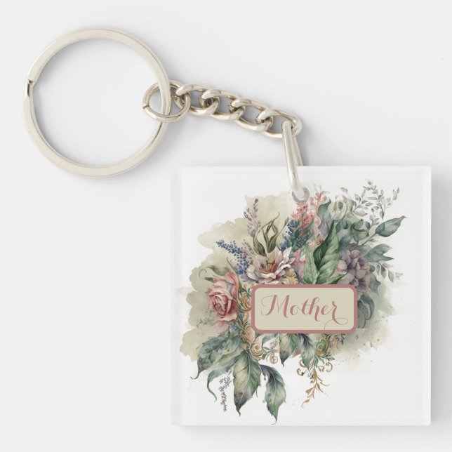 Vintage Pink Floral Water colour Key Ring (Front)