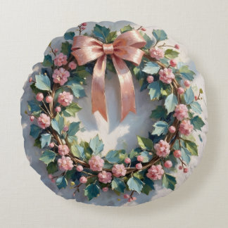 Vintage Pink Floral Wreath  Round Cushion