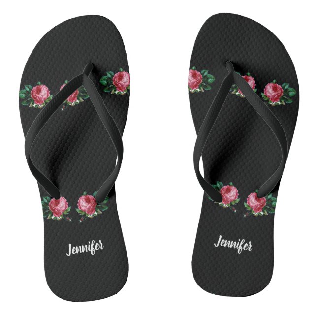 Vintage pink flower custom name black jandals (Footbed)