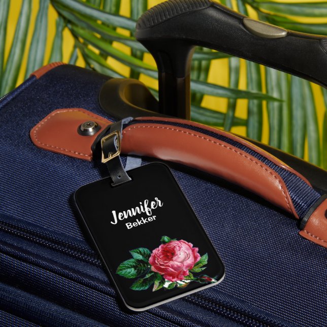 Vintage pink flower custom name black luggage tag (Front Insitu 1)