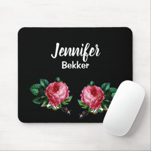 Vintage pink flower custom name black mouse pad