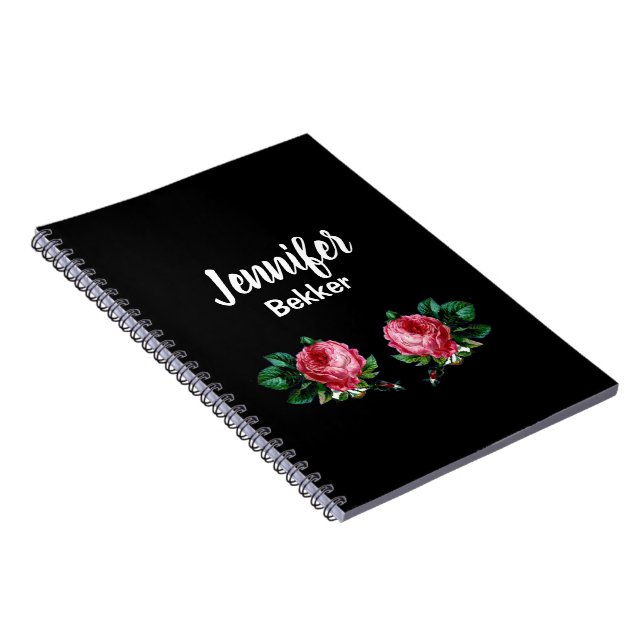 Vintage pink flower custom name black notebook (Right Side)
