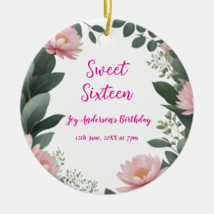 vintage pink flower green eucalyptus 16th birthday ceramic tree decoration