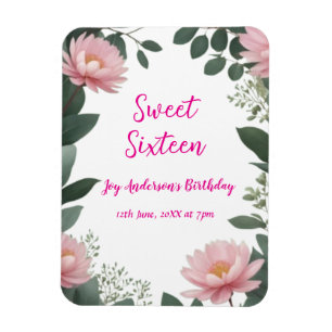 vintage pink flower green eucalyptus 16th birthday magnet