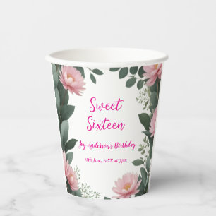 vintage pink flower green eucalyptus 16th birthday paper cups
