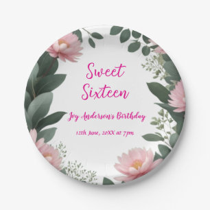 vintage pink flower green eucalyptus 16th birthday paper plate