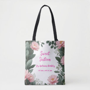 vintage pink flower green eucalyptus 16th birthday tote bag