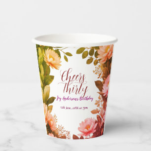 vintage pink flower green eucalyptus 30th birthday paper cups