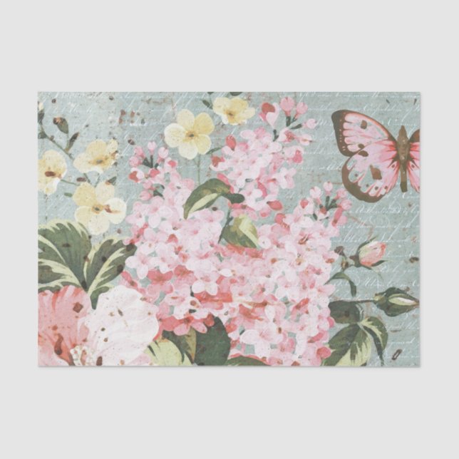 Vintage Pink Flowers and Butterfly Decoupage Tissue Paper (Front)