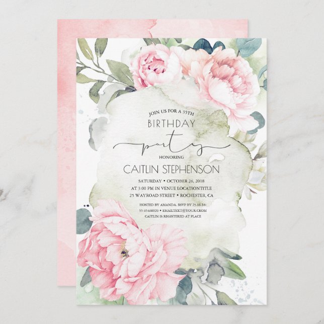Vintage Pink Flowers and Greenery Birthday Invitation (Front/Back)