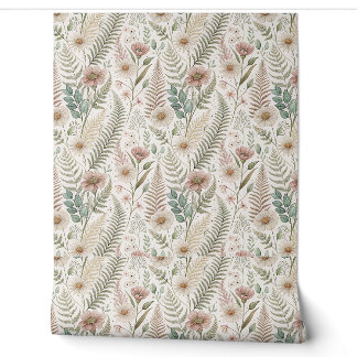 Vintage Pink Flowers & Botanical Ferns Pattern Art Wallpaper