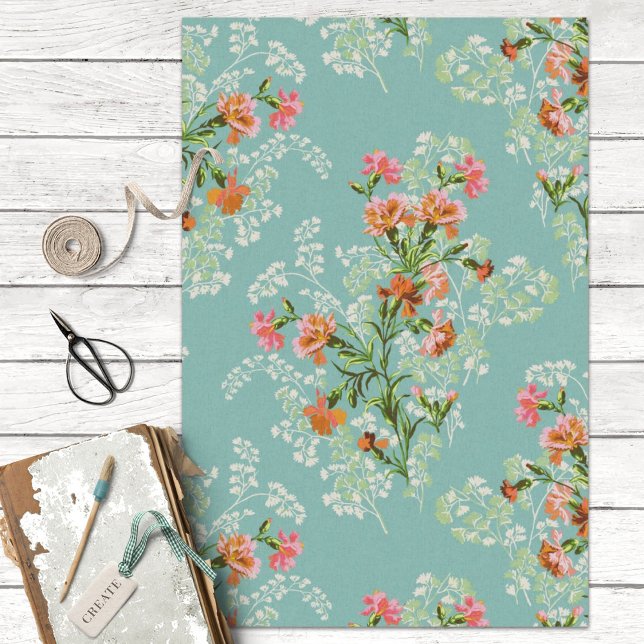 Vintage Pink Flowers on Teal Decoupage Tissue Paper (Creator Uploaded)