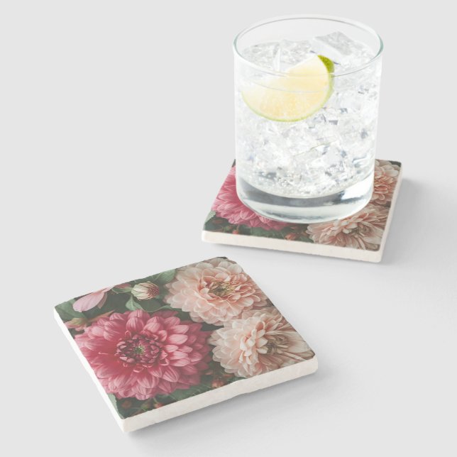 Vintage Pink Flowers Stone Coaster (Side)