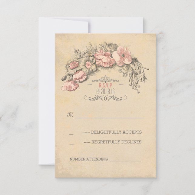 Vintage pink flowers wreath chic wedding RSVP Card (Front)