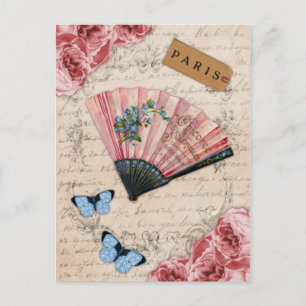 Vintage Pink French Fan Postcard