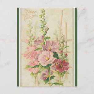 Vintage Pink Garden Flowers Christmas Postcard