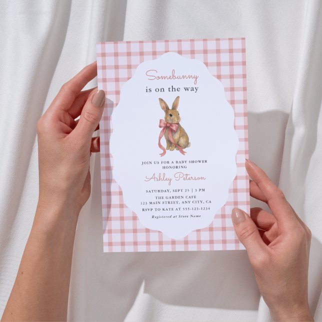 Vintage Pink Gingham Bunny Girl Baby Shower Invitation (Creator Uploaded)