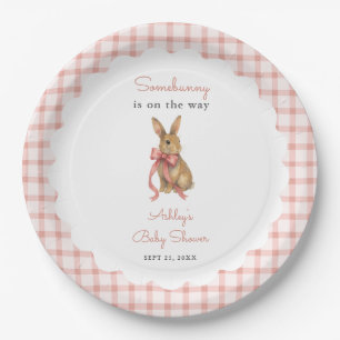 Vintage Pink Gingham Bunny Girl Baby Shower Paper Plate