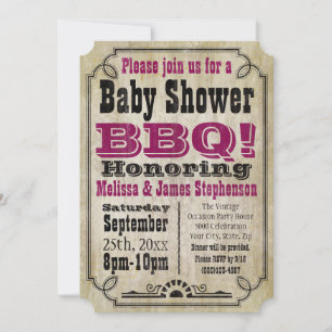 Vintage Pink Girl Baby Shower BBQ Barbeque Baby-Q Invitation