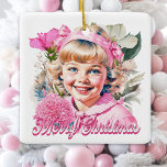 Vintage Pink Girl Floral Merry Christmas Ceramic Ornament<br><div class="desc">Pretty white and pink little girl smiling with flowers Christmas mug.</div>