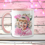 Vintage Pink Girl Floral Merry Christmas Mug<br><div class="desc">Pretty white and pink little girl smiling with flowers Christmas mug.</div>